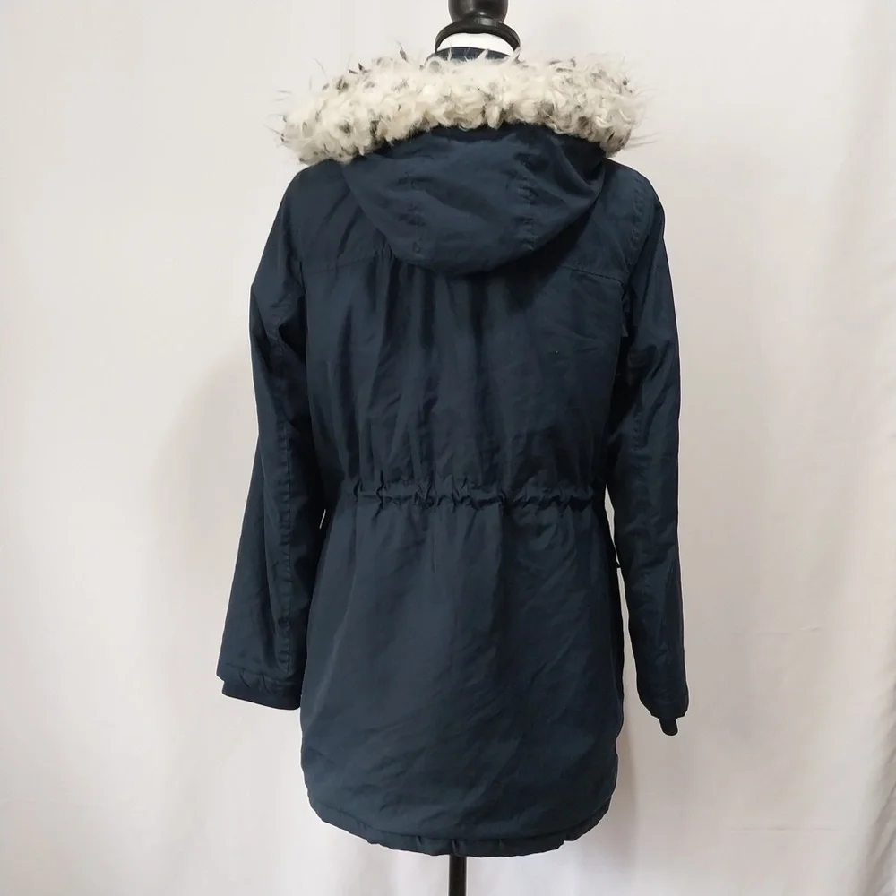 Tiffosi Navy Blue Hooded White Faux Fur Zip Up Button Down Long Sleeve Jacket M - Picture 10 of 15